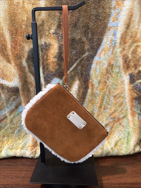 Bearpaw Handbags - BearPaw Chestnut Suede Wristlet with Cream Shearling Trim